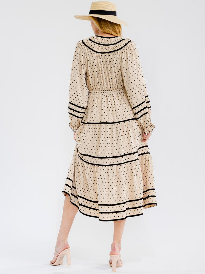 WOMEN'S LONG SLEEVE BUTTON UP FRONT POCKETS SWISS DOTS MAXI DRESS