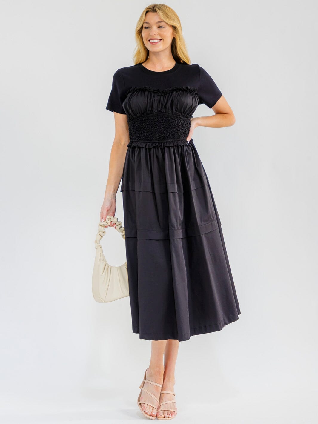 WOMEN'S SHORT SLEEVE FRONT POCKETS SMOCK WAIST MAXI DRESS