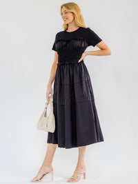 WOMEN'S SHORT SLEEVE FRONT POCKETS SMOCK WAIST MAXI DRESS