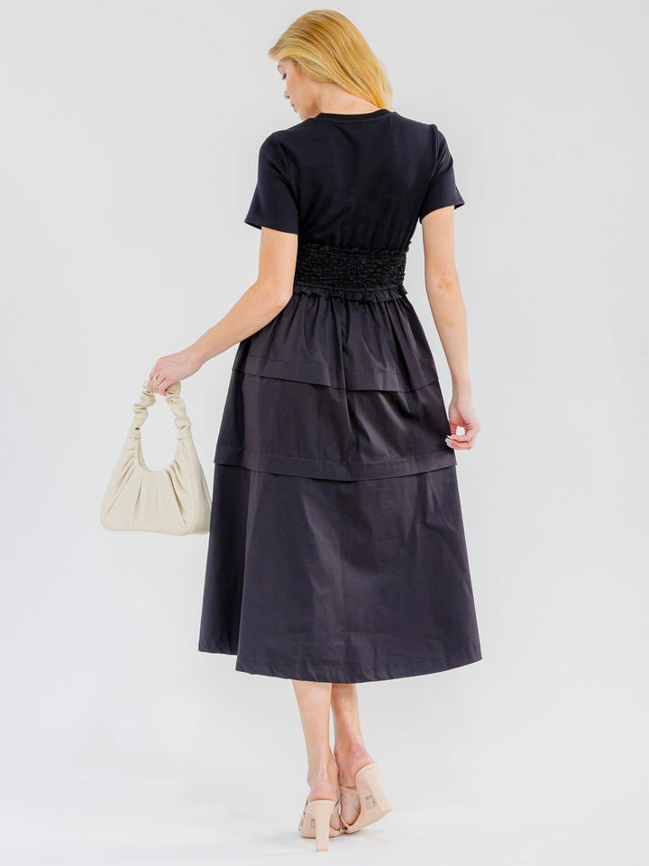 WOMEN'S SHORT SLEEVE FRONT POCKETS SMOCK WAIST MAXI DRESS