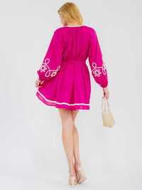 WOMEN'S LONG SLEEVE FRONT POCKETS SELF TIE DETAILED MINI DRESS