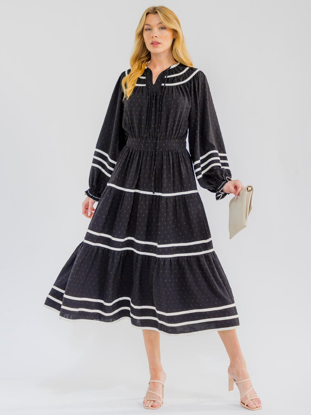 WOMEN'S LONG SLEEVE BUTTON UP FRONT POCKETS SWISS DOTS MAXI DRESS