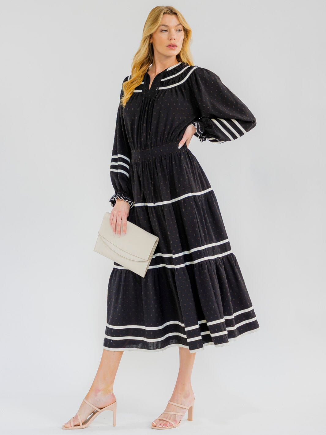 WOMEN'S LONG SLEEVE BUTTON UP FRONT POCKETS SWISS DOTS MAXI DRESS