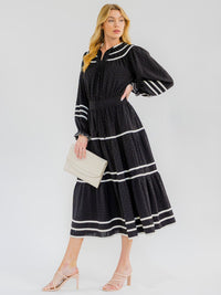 WOMEN'S LONG SLEEVE BUTTON UP FRONT POCKETS SWISS DOTS MAXI DRESS