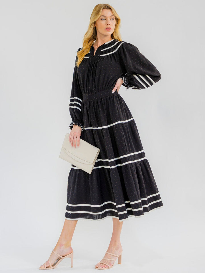 WOMEN'S LONG SLEEVE BUTTON UP FRONT POCKETS SWISS DOTS MAXI DRESS