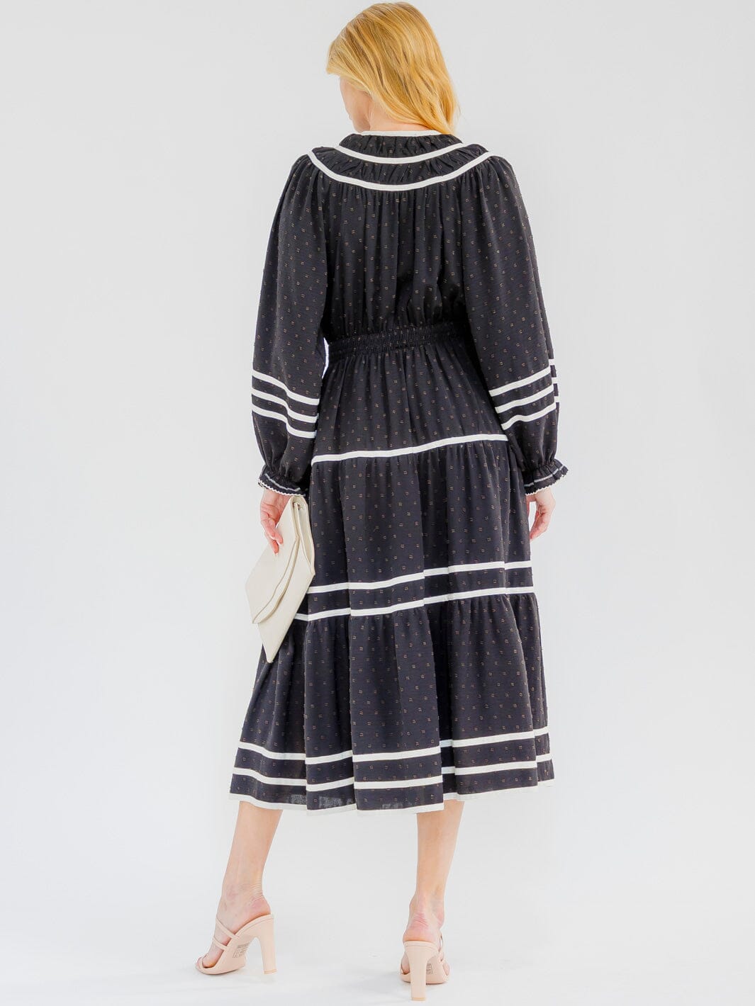 WOMEN'S LONG SLEEVE BUTTON UP FRONT POCKETS SWISS DOTS MAXI DRESS