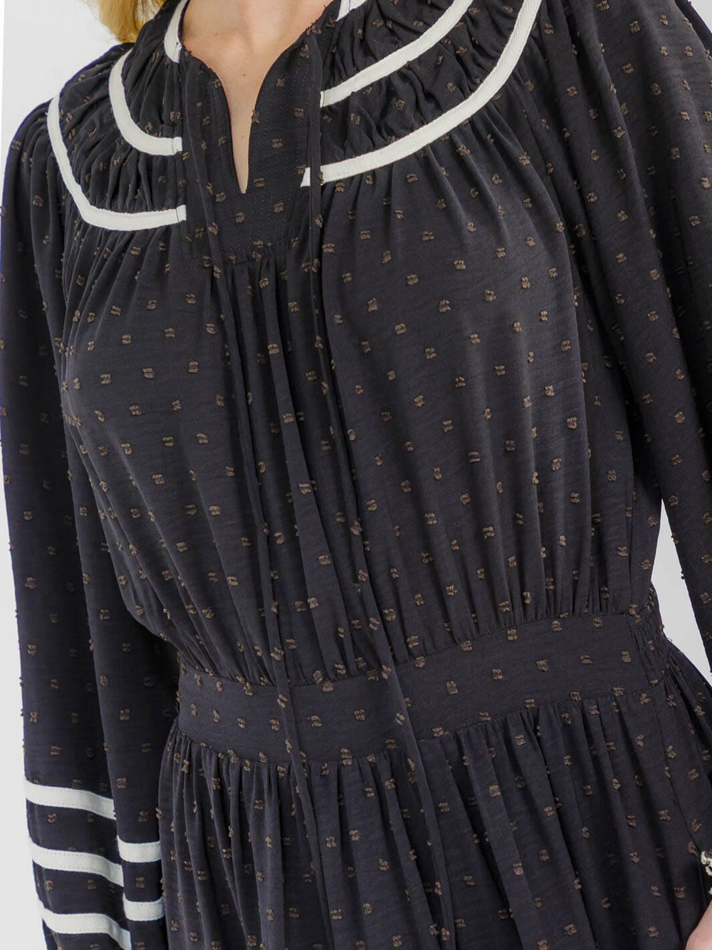 WOMEN'S LONG SLEEVE BUTTON UP FRONT POCKETS SWISS DOTS MAXI DRESS