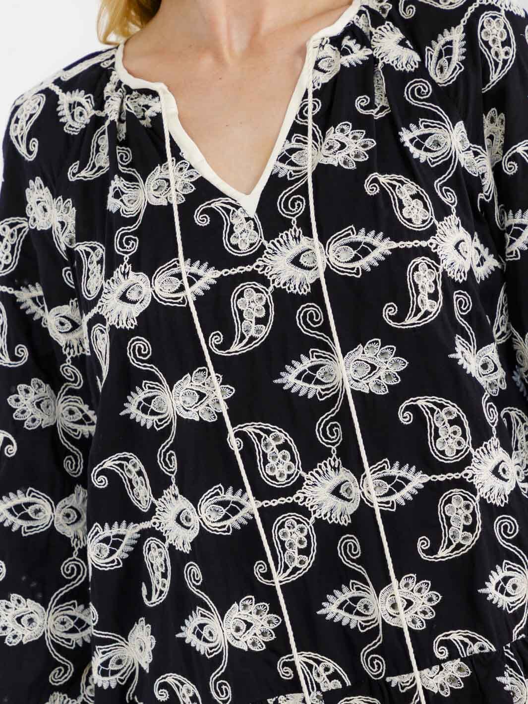 WOMEN'S LONG SLEEVE V-NECK EMBROIDERY DETAILED MINI DRESS