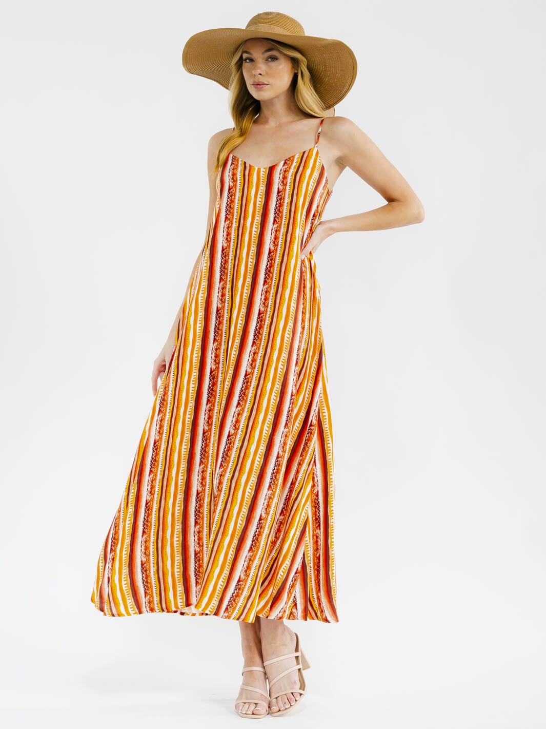 WOMEN'S SLEEVELESS FRONT POCKETS LOOSE FIT MULTI PRINT MAXI DRESS