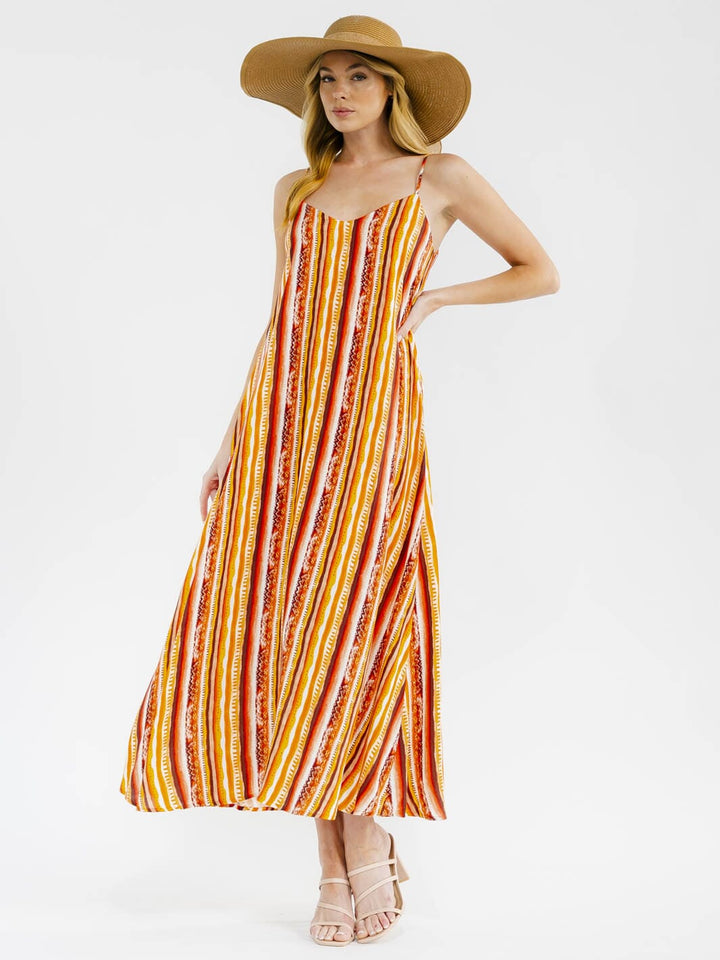 WOMEN'S SLEEVELESS FRONT POCKETS LOOSE FIT MULTI PRINT MAXI DRESS