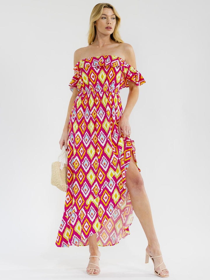 WOMEN'S OFF SHOULDER RUFFLE SLIT ELASTIC WAIST MULTI PRINT MAXI DRESS