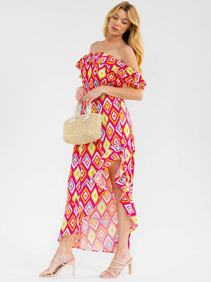 WOMEN'S OFF SHOULDER RUFFLE SLIT ELASTIC WAIST MULTI PRINT MAXI DRESS