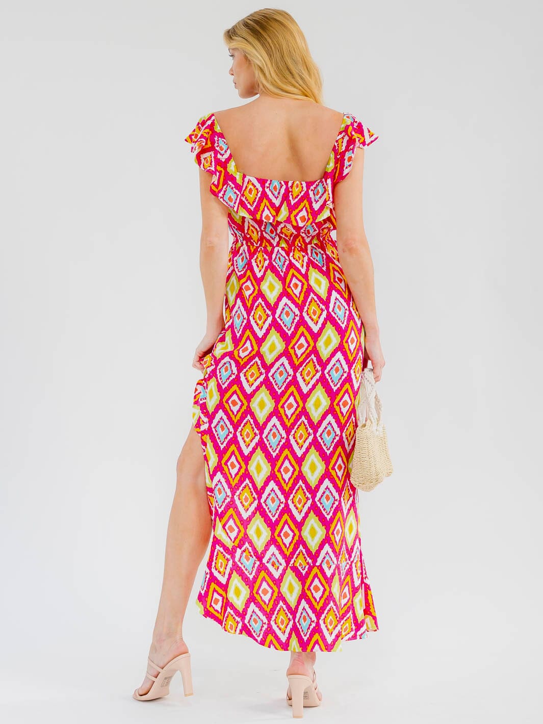 WOMEN'S OFF SHOULDER RUFFLE SLIT ELASTIC WAIST MULTI PRINT MAXI DRESS