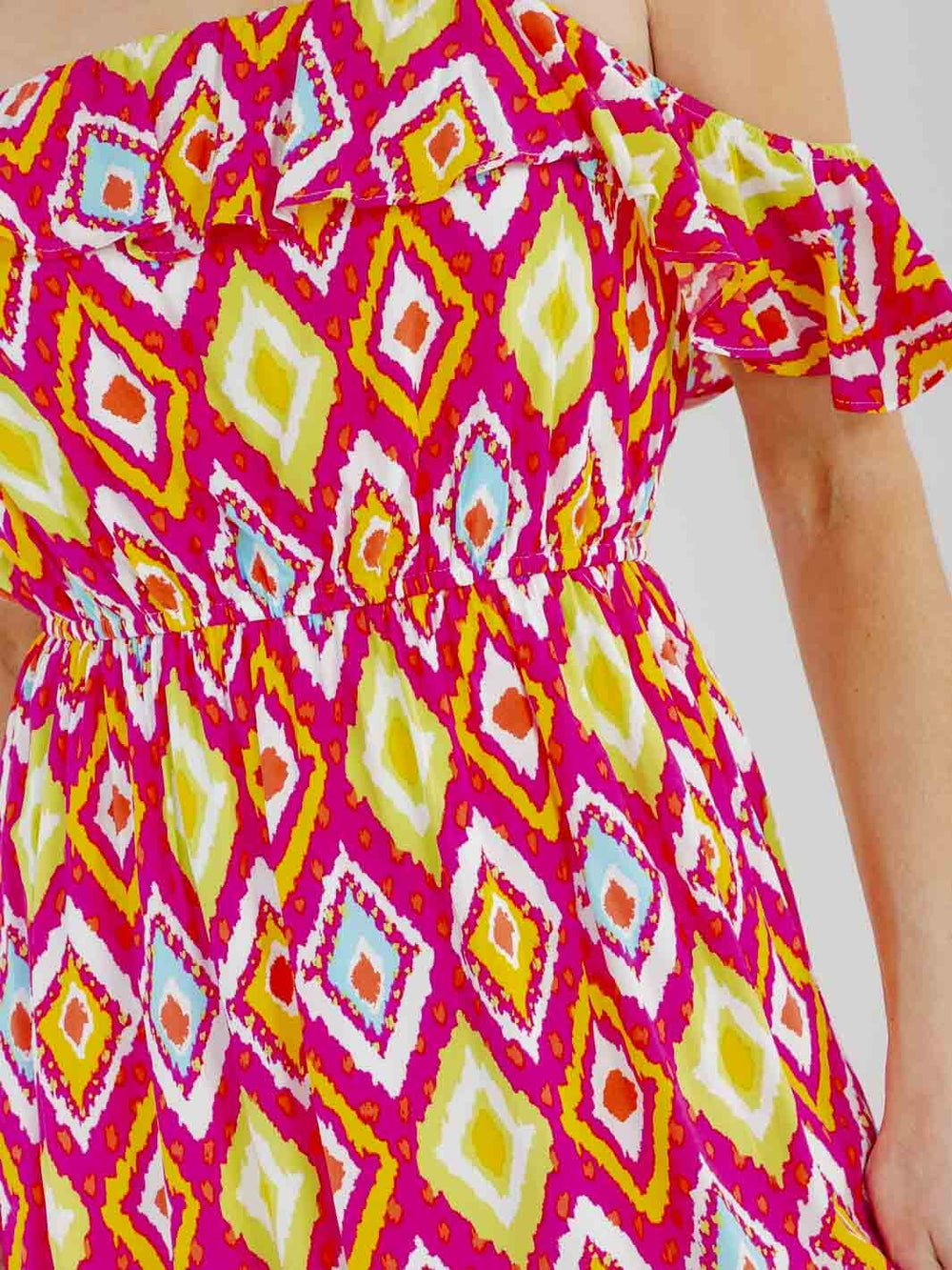 WOMEN'S OFF SHOULDER RUFFLE SLIT ELASTIC WAIST MULTI PRINT MAXI DRESS