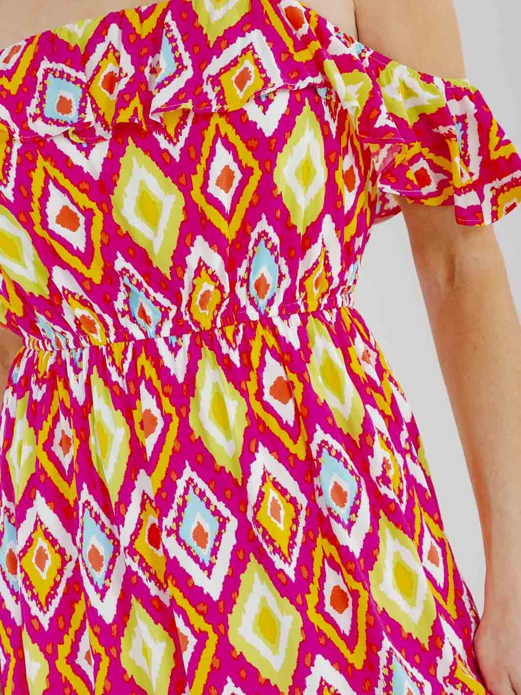 WOMEN'S OFF SHOULDER RUFFLE SLIT ELASTIC WAIST MULTI PRINT MAXI DRESS