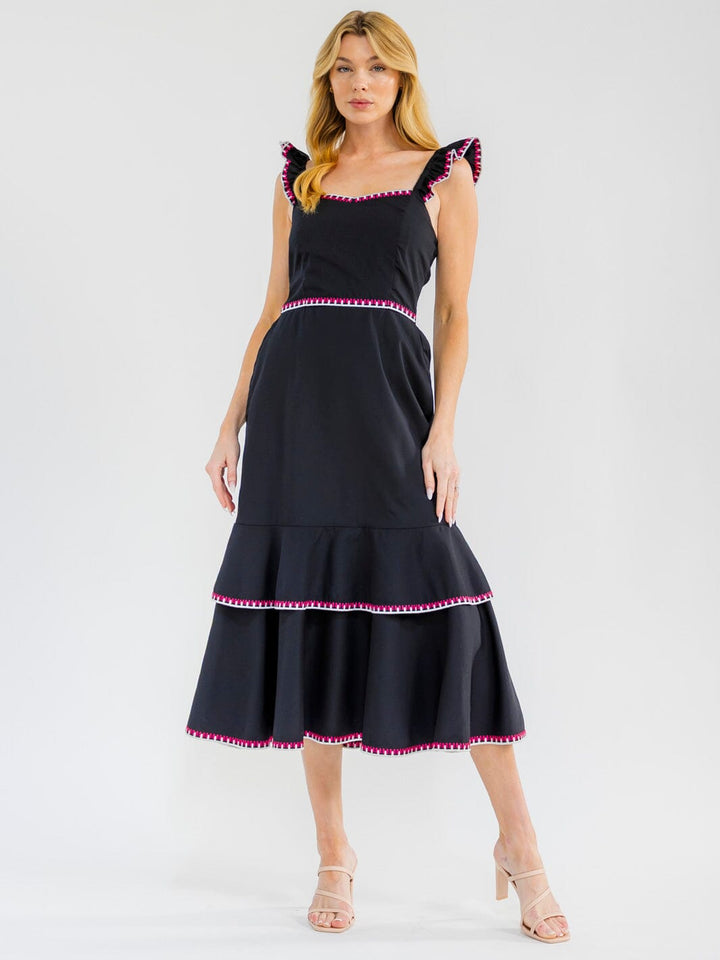 WOMEN'S SLEEVELESS FRONT POCKETS RUFFLE TIERED EMBROIDERY MAXI DRESS