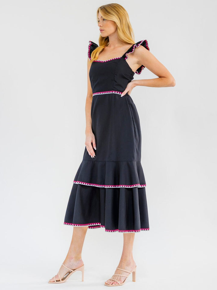 WOMEN'S SLEEVELESS FRONT POCKETS RUFFLE TIERED EMBROIDERY MAXI DRESS