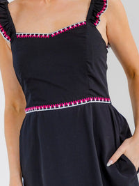 WOMEN'S SLEEVELESS FRONT POCKETS RUFFLE TIERED EMBROIDERY MAXI DRESS