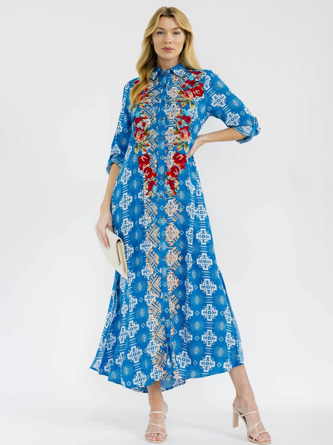 WOMEN'S LONG SLEEVE BUTTON UP SLIT FLORAL EMBROIDERY POCKETS MULTI PRINT MAXI DRESS