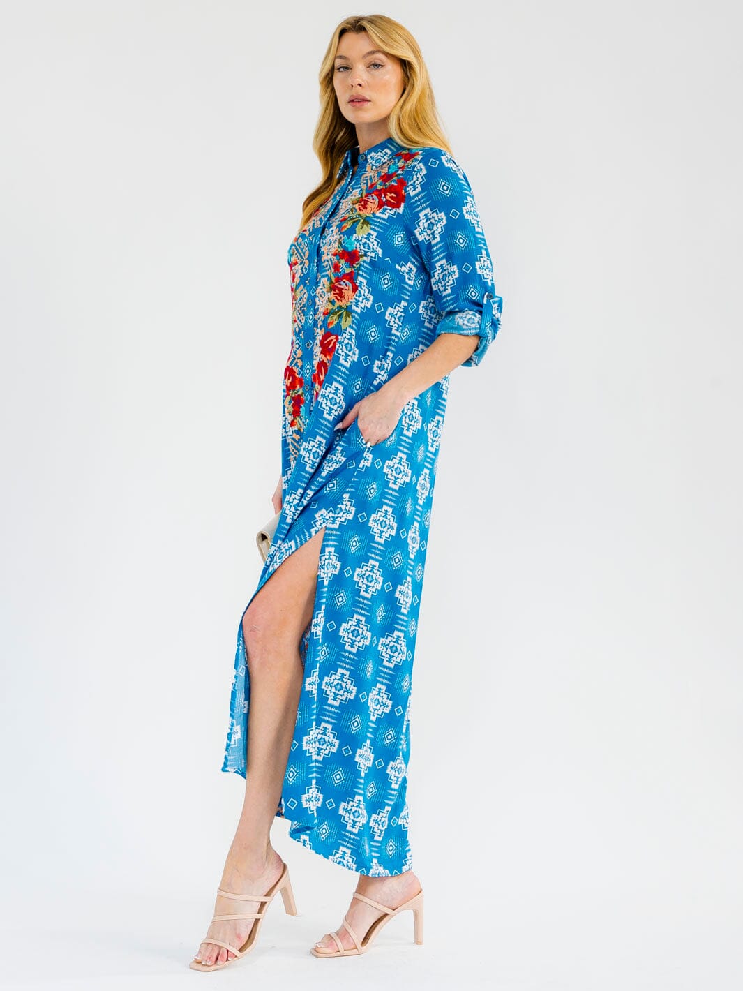 WOMEN'S LONG SLEEVE BUTTON UP SLIT FLORAL EMBROIDERY POCKETS MULTI PRINT MAXI DRESS