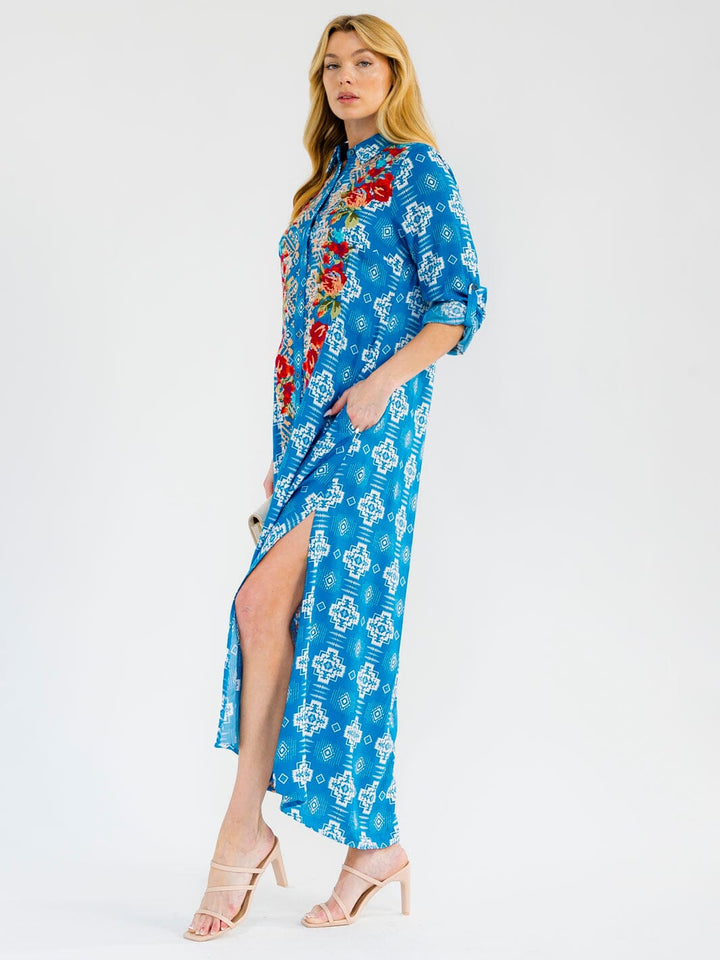 WOMEN'S LONG SLEEVE BUTTON UP SLIT FLORAL EMBROIDERY POCKETS MULTI PRINT MAXI DRESS
