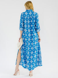 WOMEN'S LONG SLEEVE BUTTON UP SLIT FLORAL EMBROIDERY POCKETS MULTI PRINT MAXI DRESS