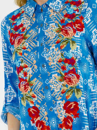 WOMEN'S LONG SLEEVE BUTTON UP SLIT FLORAL EMBROIDERY POCKETS MULTI PRINT MAXI DRESS