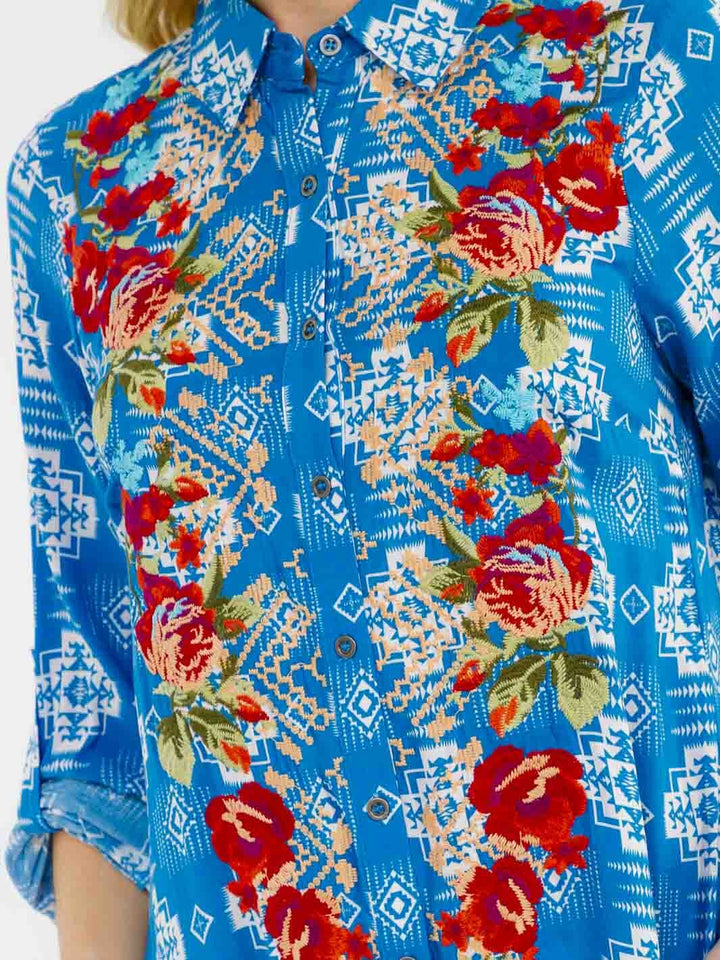 WOMEN'S LONG SLEEVE BUTTON UP SLIT FLORAL EMBROIDERY POCKETS MULTI PRINT MAXI DRESS