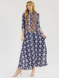 WOMEN'S LONG SLEEVE BUTTON UP SLIT FLORAL EMBROIDERY POCKETS MULTI PRINT MAXI DRESS