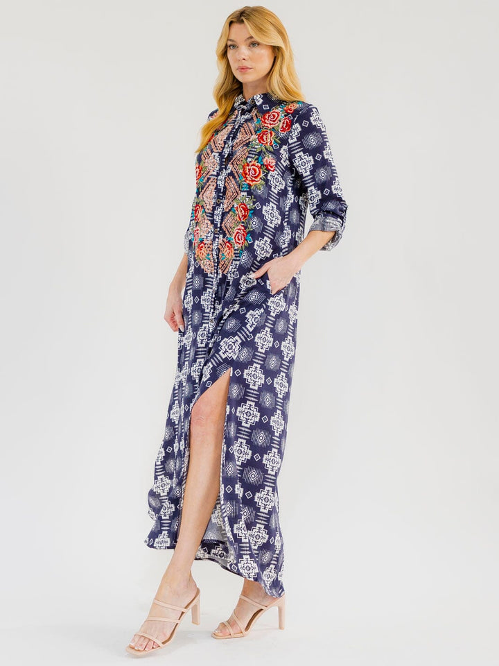 WOMEN'S LONG SLEEVE BUTTON UP SLIT FLORAL EMBROIDERY POCKETS MULTI PRINT MAXI DRESS