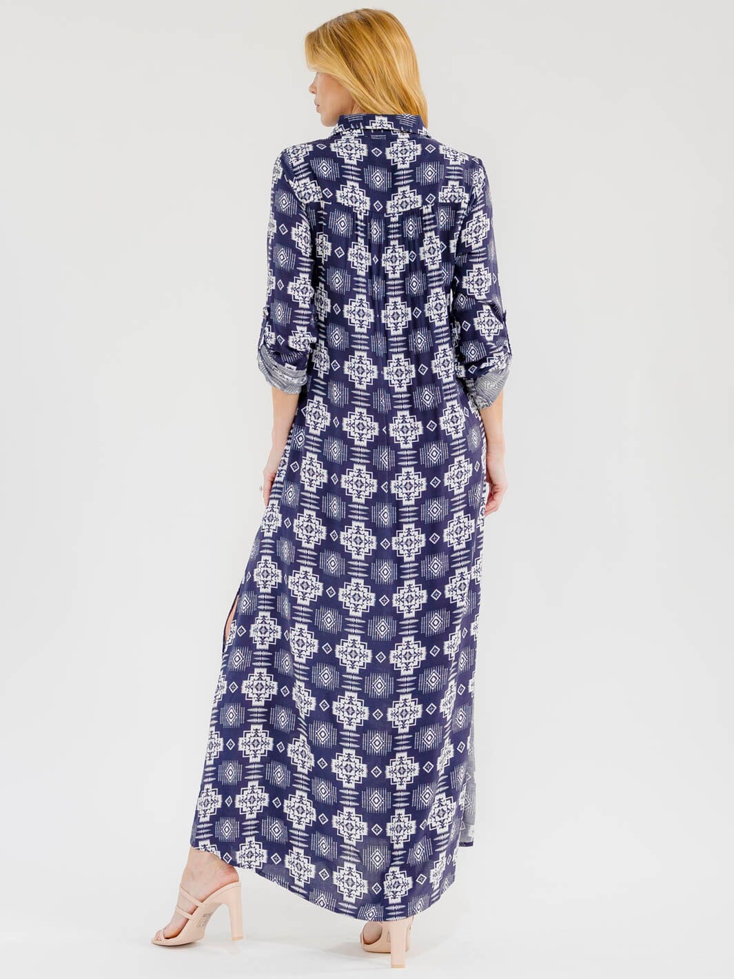 WOMEN'S LONG SLEEVE BUTTON UP SLIT FLORAL EMBROIDERY POCKETS MULTI PRINT MAXI DRESS