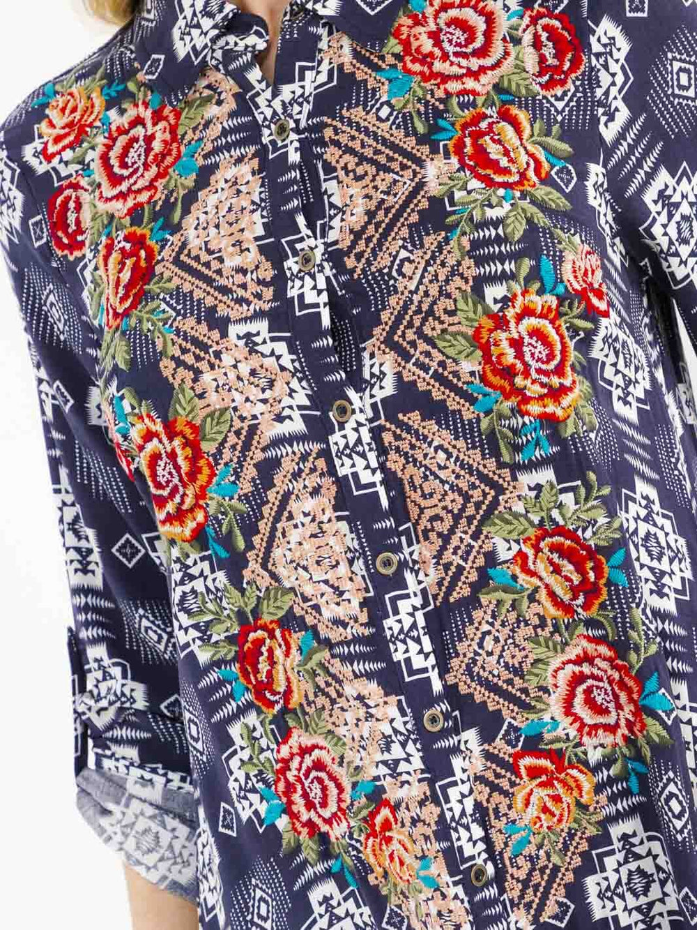 WOMEN'S LONG SLEEVE BUTTON UP SLIT FLORAL EMBROIDERY POCKETS MULTI PRINT MAXI DRESS