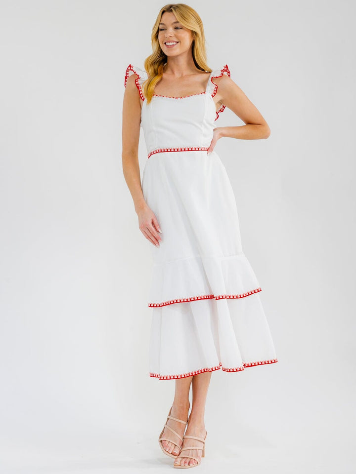 WOMEN'S SLEEVELESS FRONT POCKETS RUFFLE TIERED EMBROIDERY MAXI DRESS
