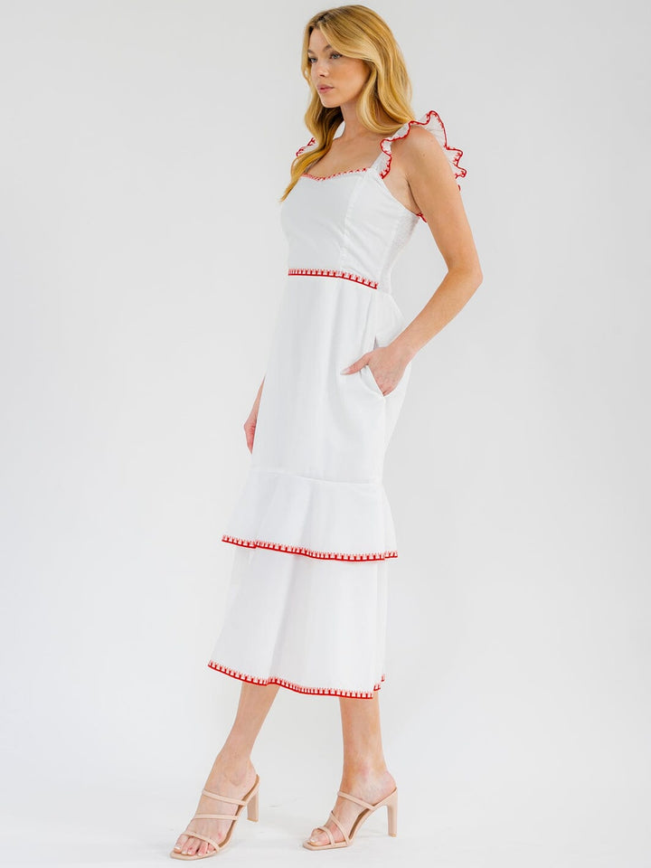 WOMEN'S SLEEVELESS FRONT POCKETS RUFFLE TIERED EMBROIDERY MAXI DRESS