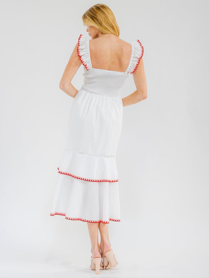 WOMEN'S SLEEVELESS FRONT POCKETS RUFFLE TIERED EMBROIDERY MAXI DRESS