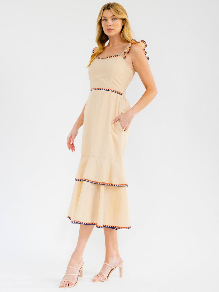 WOMEN'S SLEEVELESS FRONT POCKETS RUFFLE TIERED EMBROIDERY MAXI DRESS