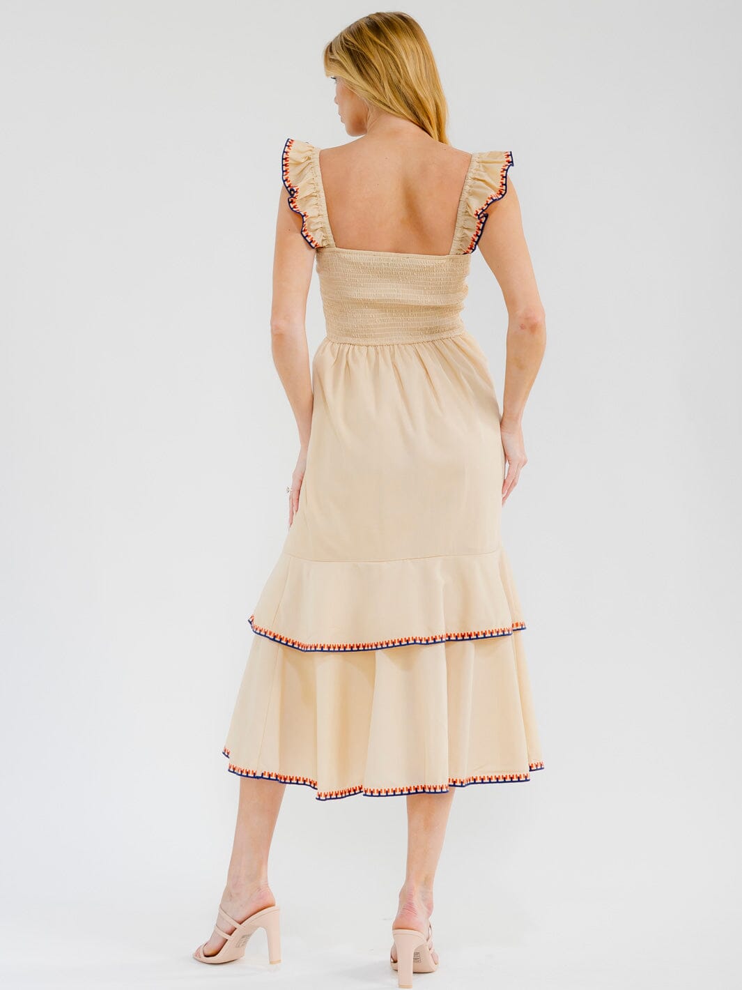 WOMEN'S SLEEVELESS FRONT POCKETS RUFFLE TIERED EMBROIDERY MAXI DRESS