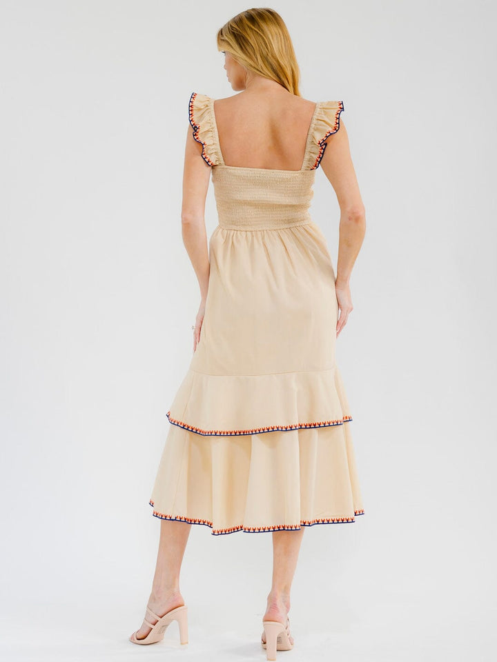 WOMEN'S SLEEVELESS FRONT POCKETS RUFFLE TIERED EMBROIDERY MAXI DRESS