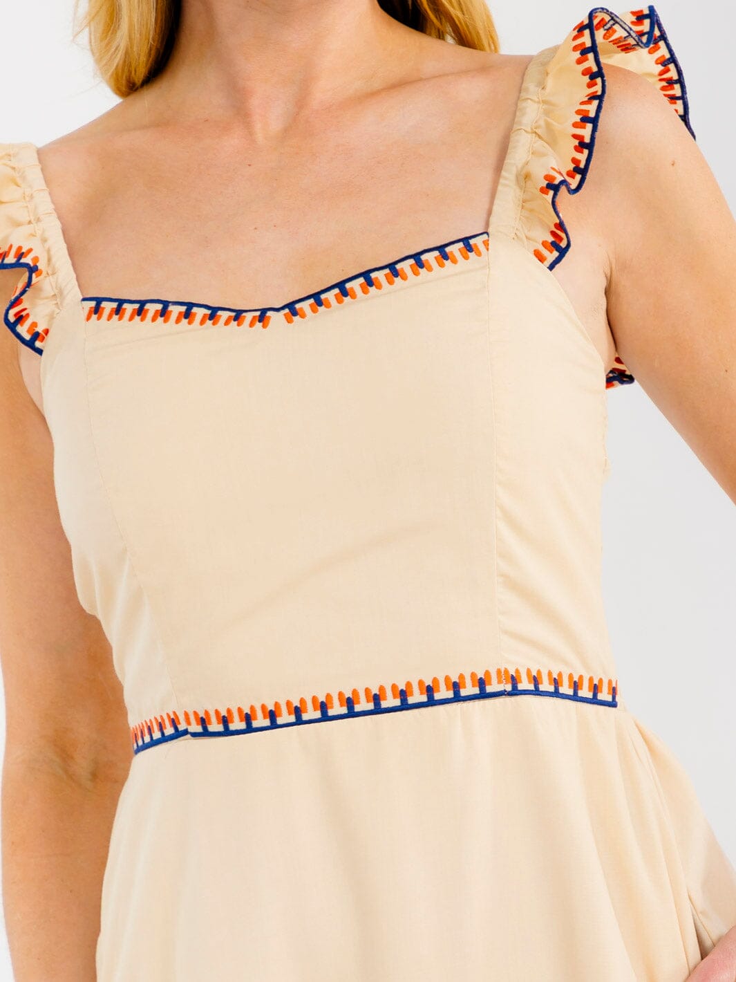 WOMEN'S SLEEVELESS FRONT POCKETS RUFFLE TIERED EMBROIDERY MAXI DRESS