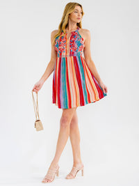 WOMEN'S SLEEVELESS HALTER NECK FLORAL EMBROIDERY COLORBLOCK MINI DRESS