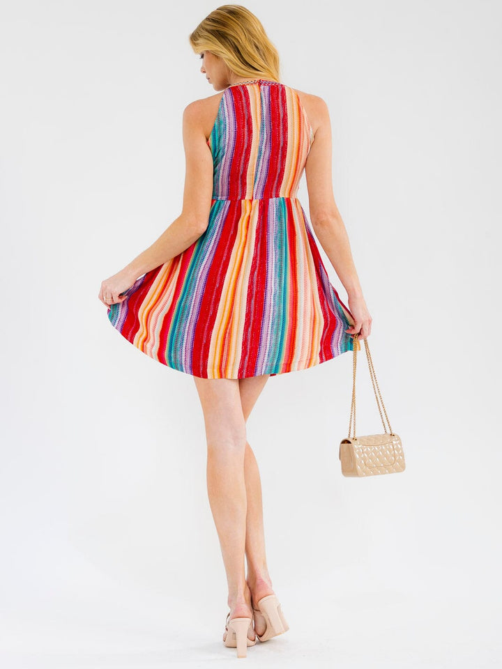 WOMEN'S SLEEVELESS HALTER NECK FLORAL EMBROIDERY COLORBLOCK MINI DRESS