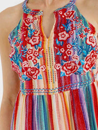 WOMEN'S SLEEVELESS HALTER NECK FLORAL EMBROIDERY COLORBLOCK MINI DRESS