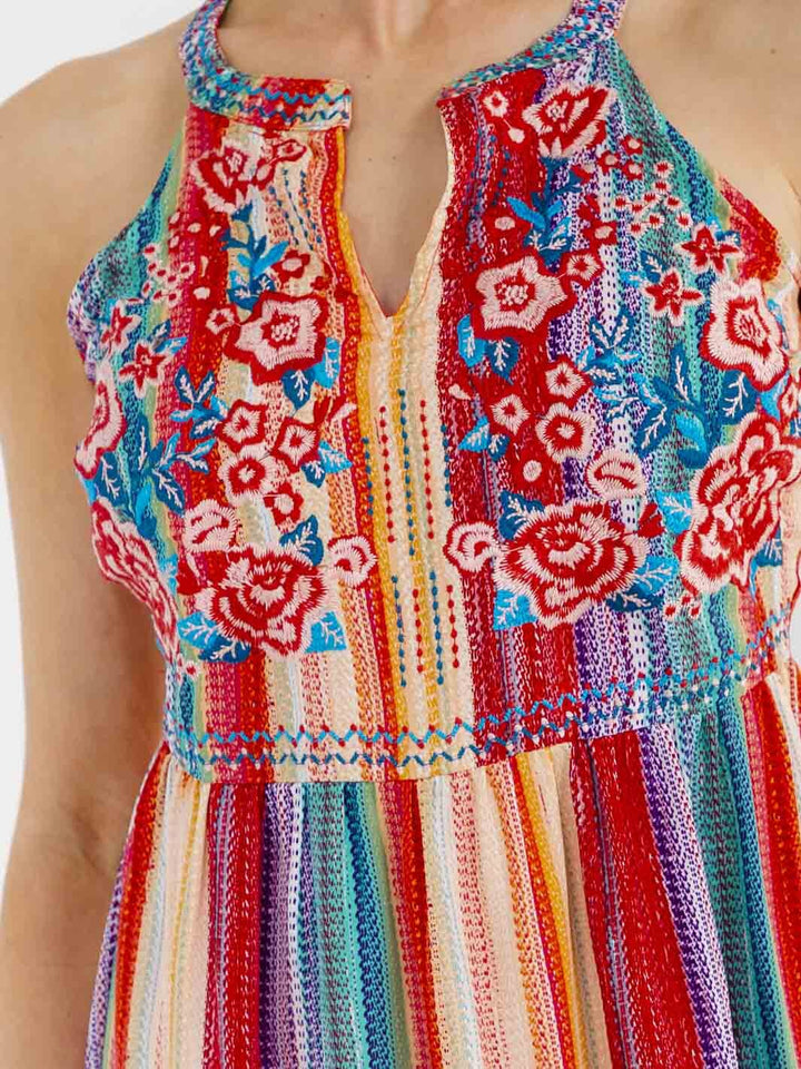 WOMEN'S SLEEVELESS HALTER NECK FLORAL EMBROIDERY COLORBLOCK MINI DRESS