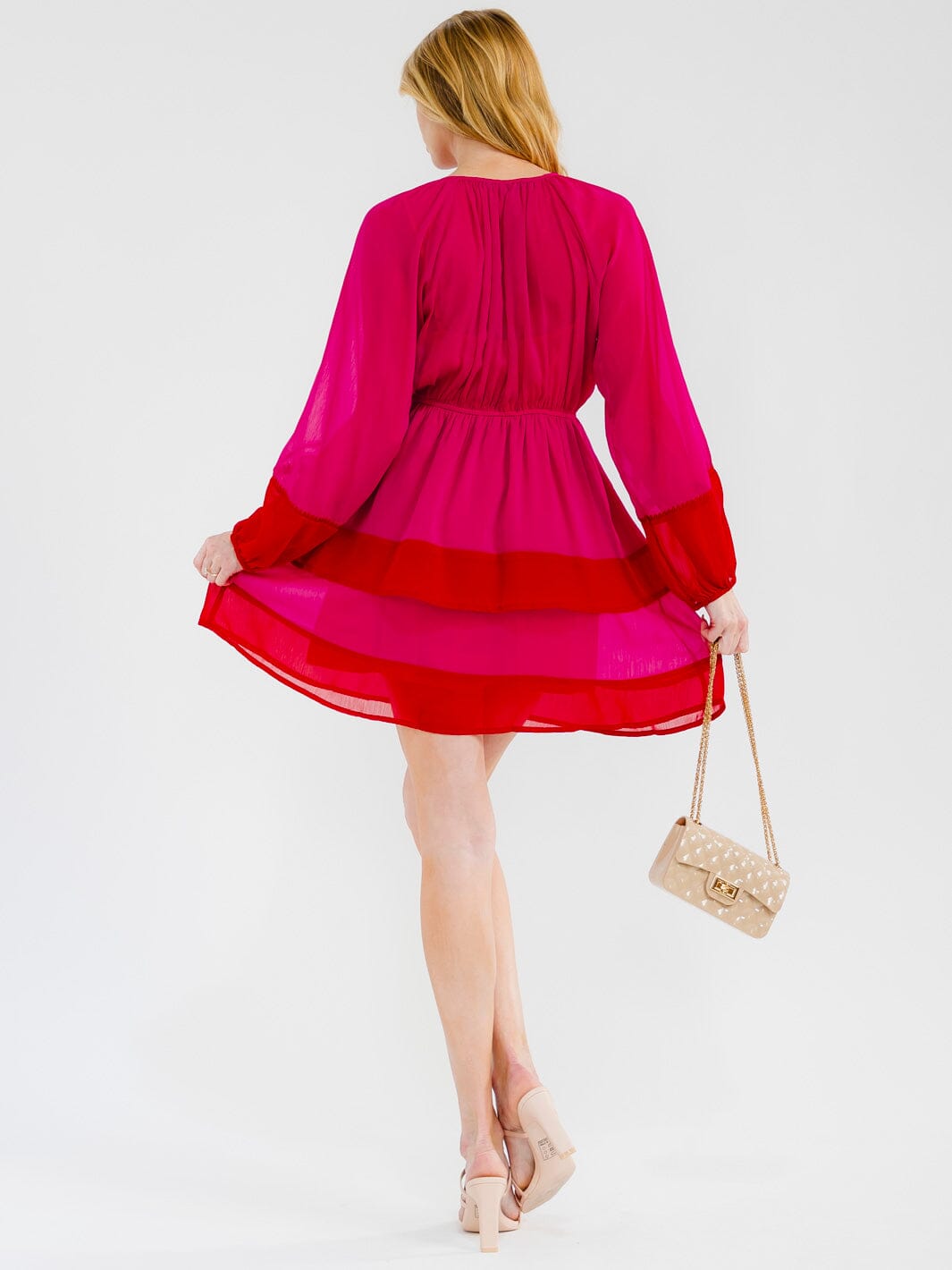 WOMEN'S LONG SLEEVE ELASTIC WAIST COLORBLOCK TIERED MINI DRESS