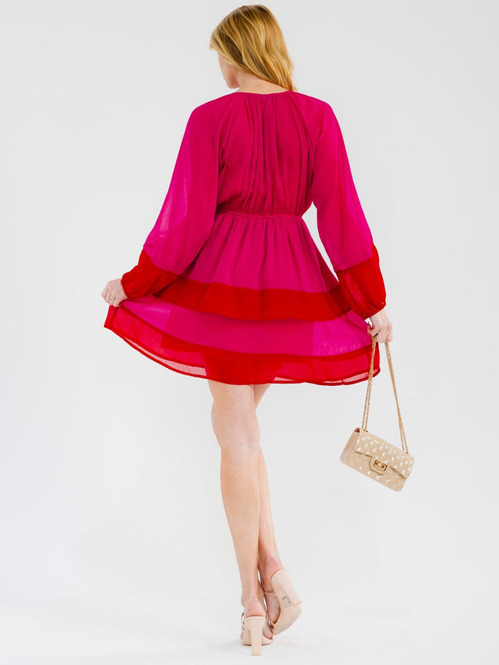WOMEN'S LONG SLEEVE ELASTIC WAIST COLORBLOCK TIERED MINI DRESS