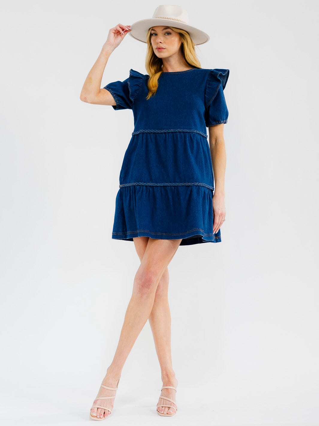 WOMEN'S SHORT SLEEVE FRONT POCKETS TIERED DENIM MINI DRESS