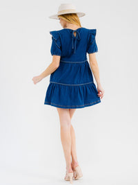 WOMEN'S SHORT SLEEVE FRONT POCKETS TIERED DENIM MINI DRESS