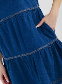 WOMEN'S SHORT SLEEVE FRONT POCKETS TIERED DENIM MINI DRESS