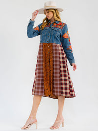 WOMEN'S LONG SLEEVE BUTTON UP SLIT FLORAL EMBROIDERY POCKETS MULTI PRINT MIDI DRESS