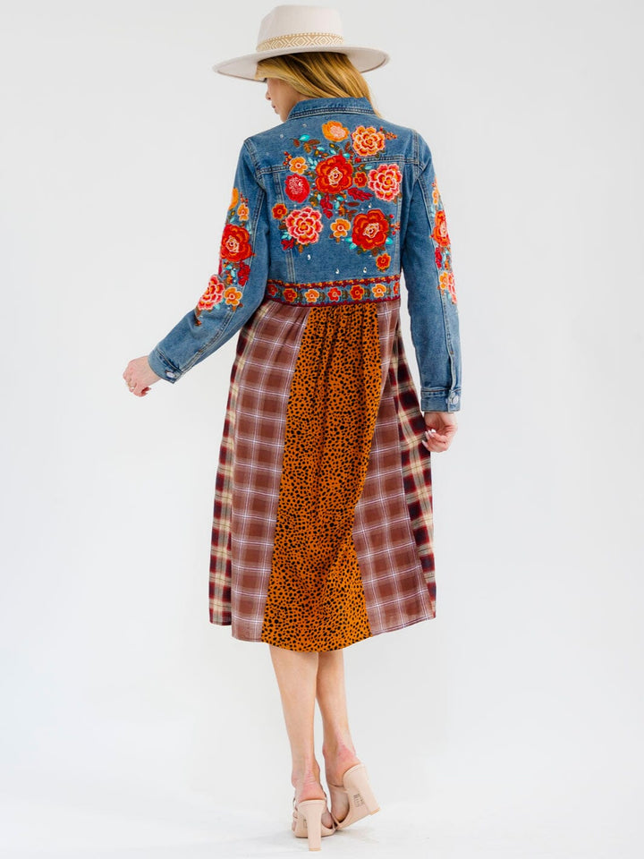 WOMEN'S LONG SLEEVE BUTTON UP SLIT FLORAL EMBROIDERY POCKETS MULTI PRINT MIDI DRESS